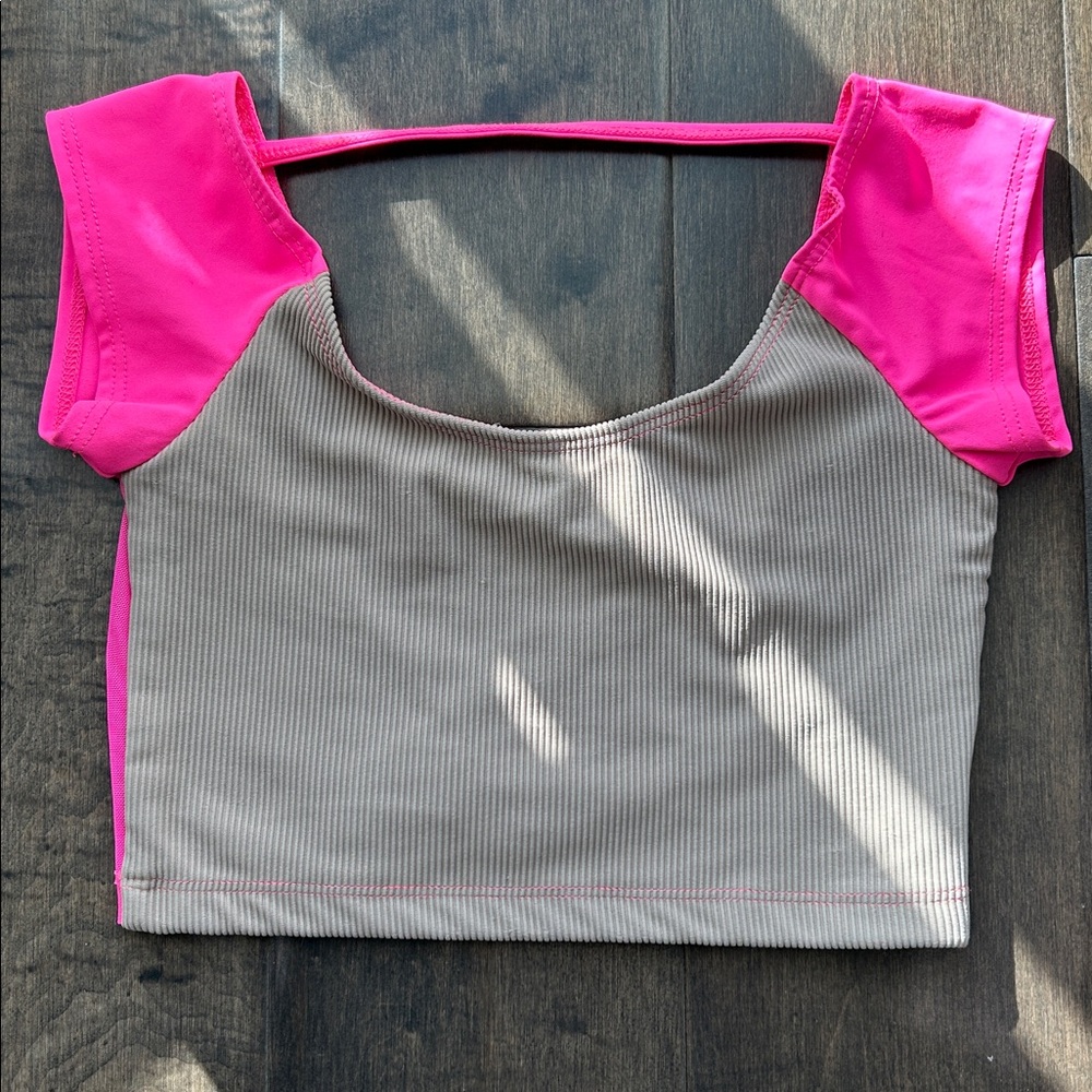 Tiger Friday pink and beige ribbed dance top with pink mesh back detail